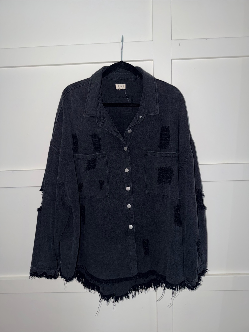 Distressed Black Button-Front Oversized Jacket